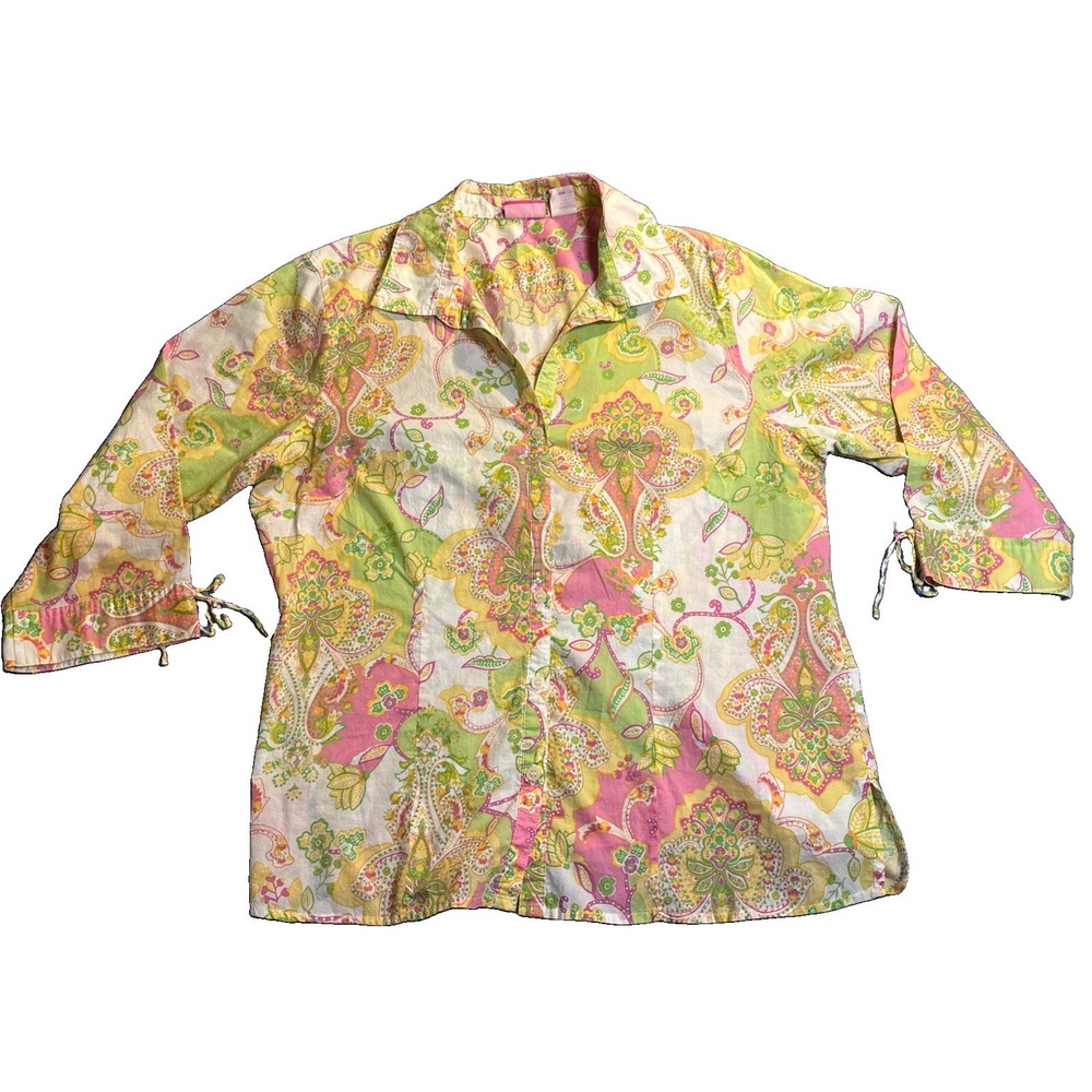 Pappagallo Blouse Women's Pink Paisley Excellent 3/4 Tie Sleeve Cotton Large